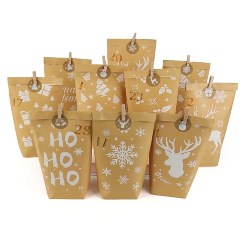MHwan Tüten Adventskalender 2025 zum Befüllen, 24 Stück Niedliches weißes Bedruckte Papiertüten Adventskalender Groß, Geeignet für DIY Weihnachtsdekorationen und Geschenke, Wiederverwendbar