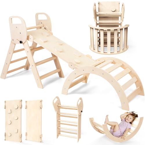 Woodure 6-in-1 Montessori Klettergerüst Indoor Set, Verformbares Kletterdreieck mit Rutsche & Kletterbogen, Hölzernes Pikler Dreieck zum Baby Klettern, Klettergerüst Montessori Spielzeug ab 1-6 Jahre