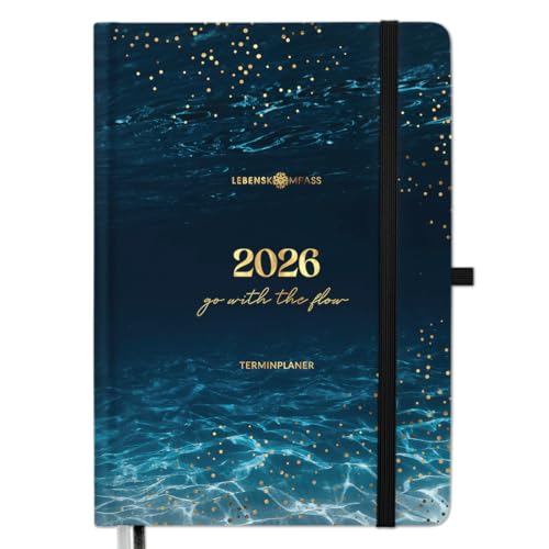 Kalender 2026 Terminplaner Buchkalender A5 von Lebenskompass® 'AQUA' - Edler Wochenplaner 2026 & Terminkalender 2026 - stabiles Hardcover mit schöner Folienprägung
