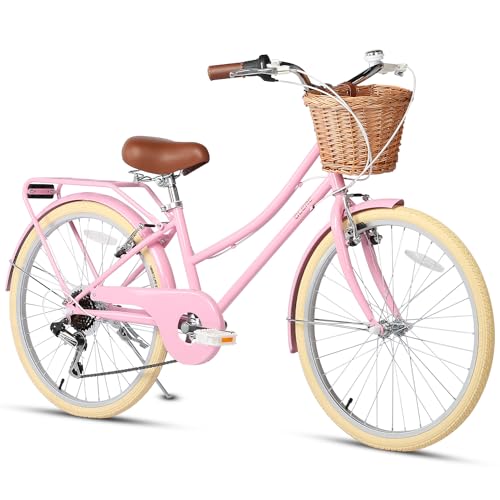 Glerc Missy 24“ Zoll Mädchen Cruiser Kinder Fahrrad 6-Gang Teen Hybrid City Fahrrad für Jugendliche im Alter von 12 13 14 15 Jahren mit Weidenkorb & Leichtgewicht, Pink