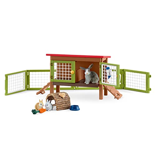 SCHLEICH 42420 Farm World Kaninchenstall, 16 Teile Spielset mit 3 Kaninchen Tierfiguren, Stall und Zubehör, Spielzeug für Kinder ab 3 Jahren