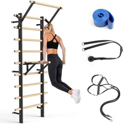 Sprossenwand aus Holz 220 cm – Klettergerüst für Kinder & Erwachsene – Wandmontage mit Klimmzugstange & Dip-Barren – Multifunktionales Trainingsgerät für Zuhause