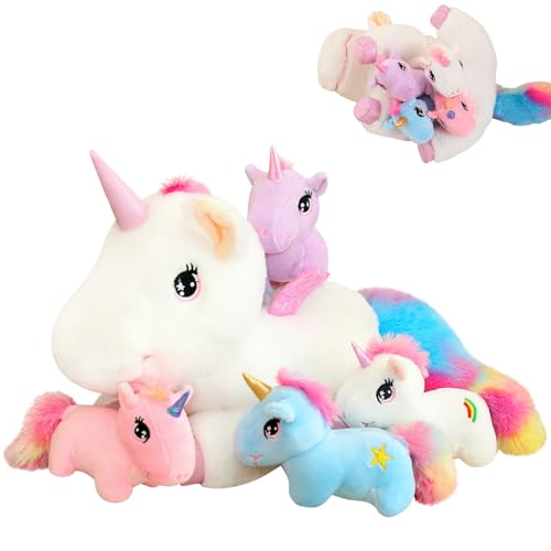 SQEQE Niedliche Einhorn Stofftiere mit 4 Baby Einhorn Plüschtiere in ihrem Bauch, Regenbogen Fliegendes Plüschkissen Spielzeug mit Flügeln, Valentinstag Geburtstagsgeschenke für Jungen Mädchen