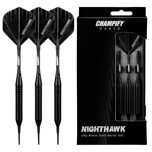Champify® 18g Brass Soft-Darts Set “Nighthawk” mit Kunststoff-Spitze | 3 Dartpfeile mit 6 Schäften & 6 Flights & 30 Softdart-Spitzen | inkl. weiteres Zubehör | Dartpfeile mit Plastik-Spitzen