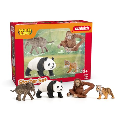schleich WILD Life | Dschungel Starterset Asien 42736 mit Elefant, Panda, Tiger und AFFE mit beweglichem Arm | Zoo Spielzeug & Safari Deko | Spielfiguren für Kinder ab 3 Jahren | Set aus 4 Teilen