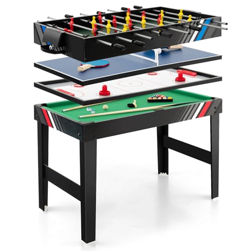 COSTWAY Multi Spieltisch, 4 in 1 Tischkicker mit Billard, Airhockey, Tischtennis, Multifunktionstisch Tischfußball mit Zubehör, Kickertisch für Spielzimmer, Party, Bars, 125 x 97 x 83 cm