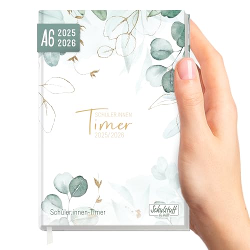 Schulstuff Schüler-Timer A6 2025/2026 Mini Schülerkalender Laufzeit Aug 2025 - Juli 2026, Schülerplaner (11 x 15 cm), Hausaufgabenheft 'Mint Blattgold' - nachhaltig & klimafreundlich