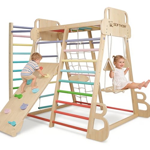 SOFTHOM Maxi Klettergerüst Indoor für Kinder, 10 in 1 Montessori Klettergerüst, Multifunktional Kletterset aus Holz mit Rutsche, Schaukel, Kletterwand, Kletterdreieck, Spielplatz für Kinderzimmer