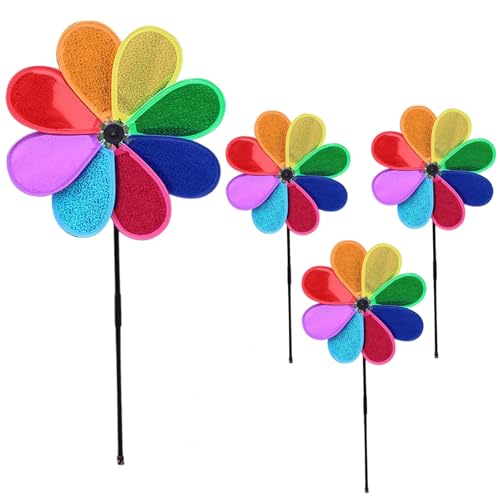 MOAZIFI Windrad Garten - 4-Stück Windspiel Set mit 30cm Blumenwindmühlen, Windspiele für Draußen Stehend zur Balkon- und Gartendekoration
