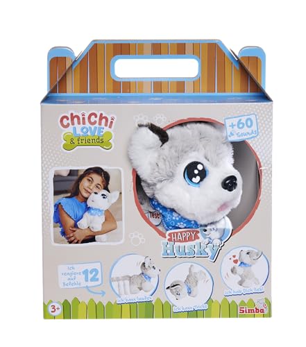Simba 105890050 - Chichi Love Happy Husky (30 cm) - interaktiver Spielzeug-Hund für Kinder ab 3 Jahre, süßes Kuscheltier mit Deutscher Sprachsteuerung (12 Funktionen) & Sound inkl. Batterien