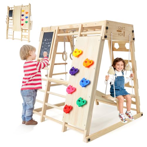 SOFTHOM Maxi Indoor Klettergerüst, Klappbar Multifunktional 10 in 1 Indoor Spielplatz, Montessori Klettergerüst Indoor für Kinder mit Tafel, Rutsche, Schaukel, Kletternetz, Robust Sicher, 100% Natur