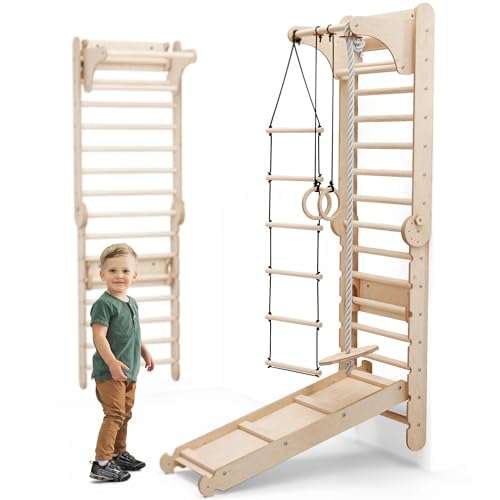 Goodevas 6-in-1 Holz Schwedenwand & Rutschensatz – Vielseitiges Indoor Kletterdreieck Set für Kinder mit Leiter, Rutsche, Monkey Bars – Perfekt für 2 bis 12 Jährige