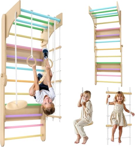 Sprossenwand Kinderzimmer aus Holz – 6-in-1 Indoor Klettergerüst mit Schaukel, Turnringen, Kletternetz & Seil, Kletterwand für Kinder zur Förderung von Motorik & Balance