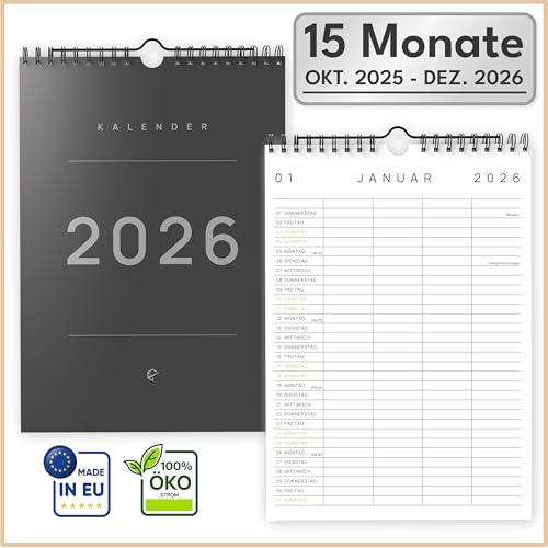 UNITURE® DIN A4 Familienplaner 2026 [mit 4 Spalten] Familienkalender Okt 2025 - Dez 2026, Kalender 2026, nachhaltig & schmierfrei