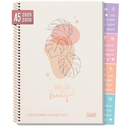 Häfft® College-Timer A5 2025/2026, Schülerplaner mit Sprüchen und Stickern 'Life is beautiful' Schulplaner Hausaufgabenheft - nachhaltig & klimafreundlich
