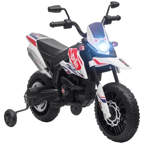 AIYAPLAY Elektro Kindermotorrad Aprilia Elektromotorrad mit USB, Stützrädern, Musik, Scheinwerfer, Kinder 6 km/h Elektro Motorrad mit 2 Stützrädern für Kinder von 3-8 Jahren Weiß