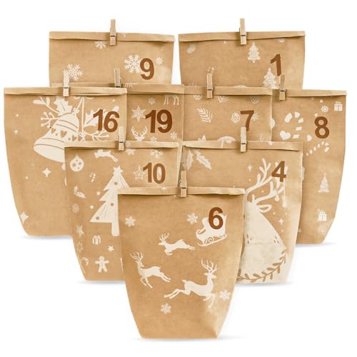 Adventskalender zum Befüllen, 24 Weihnachtskalender Geschenk Papiertüten Groß zum Selber Befüllen, adventskalender 2025 zum Befüllen aKraftpapiertüten Advents Tüten- Weihnachten