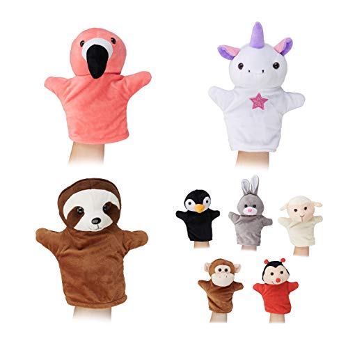 Relaxdays Handpuppen für Kinder, 8er Set Tiere, AFFE, Einhorn, Faultier, Flamingo, Handspielpuppen, weiches Plüsch, bunt