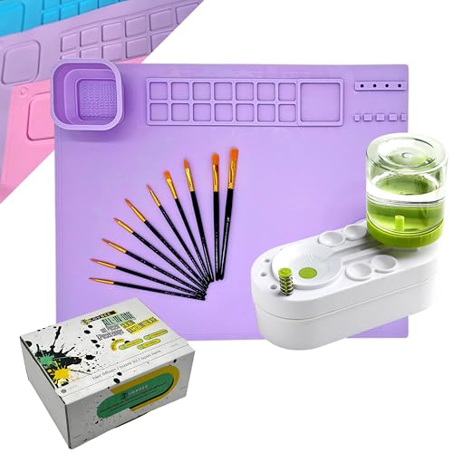 Malmatte Silikon mit Pinselset & Pinselreiniger Becher | Bastelunterlage Groß 51x41cm | Rutschfeste Silikonmatte für Malen, Harz, DIY, Play Doh Kindergeeignet, Leicht zu Reinigen (Lila)