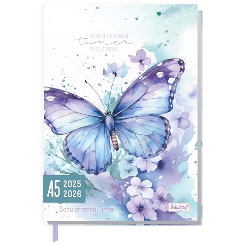 Schulstuff Schüler-Timer 2025/2026 A5 - organisiert durchs neue Schuljahr - Flexocover Schülerkalender, Schülerplaner, Hausaufgabenheft 'Butterfly' - nachhaltig & klimafreundlich