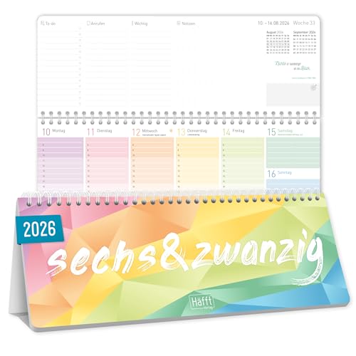 Häfft® Wochen-Tischkalender 2026 quer mit Aufsteller 'Rainbow' 1 Woche 2 Seiten, Schreibtisch-Kalender mit Sprüchen, Wochenkalender 29,7 x 11,6 cm - nachhaltig & klimafreundlich