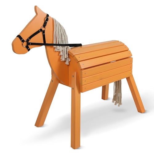 Pink Papaya Holzpferd für draußen, Reitpferd aus Holz für Kinder, Spielpferd XXL für den Garten, Outdoor Pferd mit Mähne und Schweif