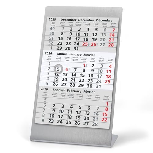 Truento 3-Monats-Tischkalender zum Aufstellen für 2 Jahre (2026 & 2027) inkl. Block und Magnet - Edelstahl gebürstet/silber - Bürokalender - Aufstellkalender - Stehkalender