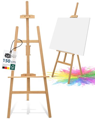 Artina Staffelei Holz Groß - FSC® Kiefernholz 150cm Holzstaffelei - Feldstaffelei höhenverstellbar große & kleine Keilrahmen – Staffelei für Kinder & Erwachsene, Hochzeit, Leinwände, Easel – Tessin