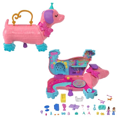 Polly Pocket Hündchenparty - Rollschuh-Geburtstagsparty, 2 Puppen, 26 Zubehörteile, DJ-Pult, Rollschuhbahn, Tanzfläche, Tragegriff, für Kinder ab 4 Jahren, HKV54