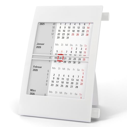 3-Monatskalender Tisch 2026 2027 - Büro & Homeoffice Tischkalender mit Drehmechanik - 2-Jahres-Kalender - weiß/weiß/rot - Truento