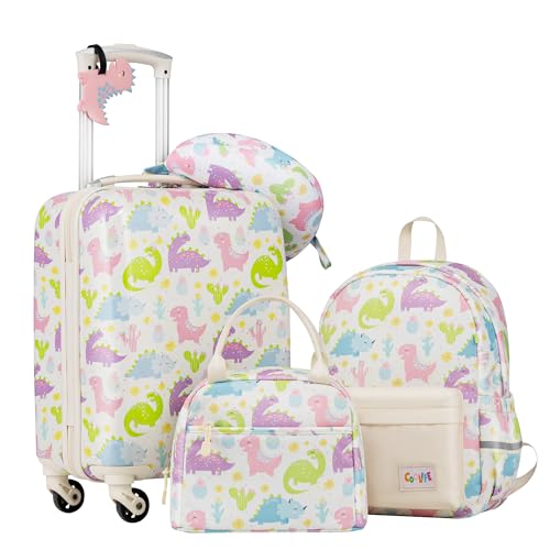 COOLIFE 5tlg Kinderkoffer mit Rucksack, Kindertrolley aus Kunststoff, Kindergepäck, Kinder Kofferset Handgepäck Reisegepäck Hartschalenkoffer für Jungen und Mädchen(Dinosaurier, Koffer-Set 5-TLG)