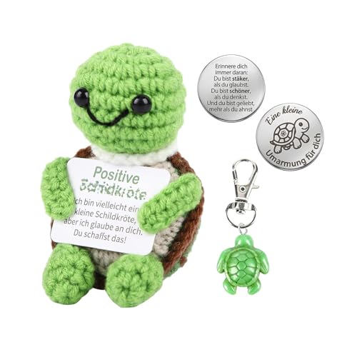 JIANGWON Pocket Hug Schildkröte Glücksbringer Set – Handgemachte kleine Schildkröte Puppe, Schlüsselanhänger & Münze – personalisierte Geschenke, Mutmacher, Geburtstagsgeschenk für Frauen (Positive)