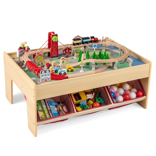 FANTASK 94-teiliges Holz Aktivitätstisch, Spieltisch mit 2 wendbaren Tischplatten, 3 Stoffschubladen, 2 in 1 Eisenbahn-Set zum Spielen für Kinder ab 3 Jahren, Natur