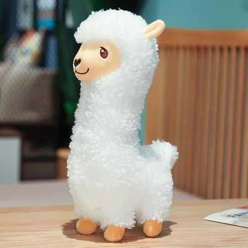Herfair Alpaka Kuscheltier, Alpaka Plüschtier Plushies Weiches Lammfellwolle Stofftier Lama Kissen Geschenk für Kinder Mädchen Jungen (Weiß,33cm)