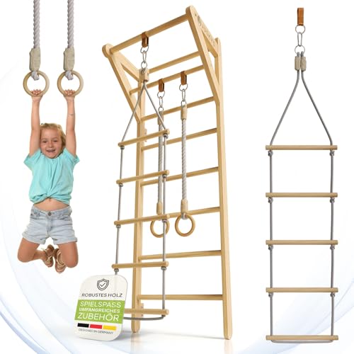 Juskys® Sprossenwand für Kinder - mit Klimmzugstange, Indoor Klettergerüst mit Turnringen und Strickleiter, Kletterwand fürs Kinderzimmer, Turnstange