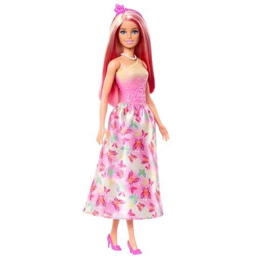 Barbie Royal-Puppe mit fantasievollen Haaren in Blond und Pink, bunten Accessoires, Oberteil in Pink mit Farbverlauf und Rock mit Schmetterlingsmuster, HRR08