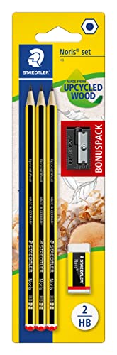 STAEDTLER Bleistifte Noris, HB, sechskant, Set mit 3 unglaublich bruchfesten Bleistiften, 1 Spitzer, 1 Radiergummi, hohe Qualität Made in Germany, 120 SBK3P1