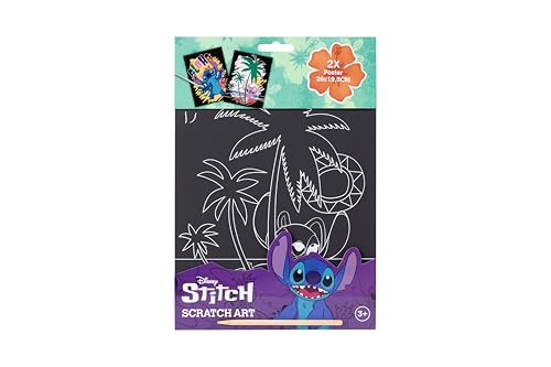 Disney Stitch Kratzbilder Set für Kinder | Kreatives Scratch Art mit 2 großen Postern | 26 x 19,5 cm | Inklusive Holz-Kratzstift | Regenbogen-Farbeffekt | Malset ab 3 Jahren | Stitch Geschenkset