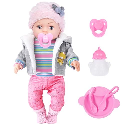 dollbie 12 Zoll Babypuppe - 12' lebhafte Babypuppe mit 3-teiligen Outfits, 4 Zubehör & Fütterungsset - Realistische rosige Wangen & Blaue Augen, für Kinder