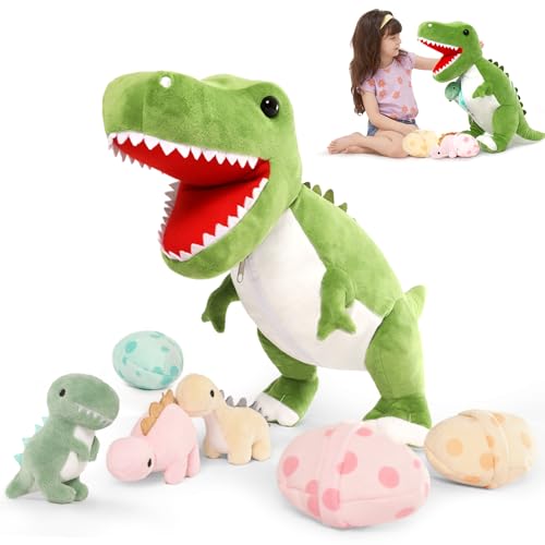 MorisMos 60cm hoch riesen Dino Kuscheltier XXL mit 3 Baby im Bauch, groß Dinosaurier Plüschtier Stofftier, weich Dino Spielzeug Plüschdino für Kleinkind Jungen Weihnachten Geschenk