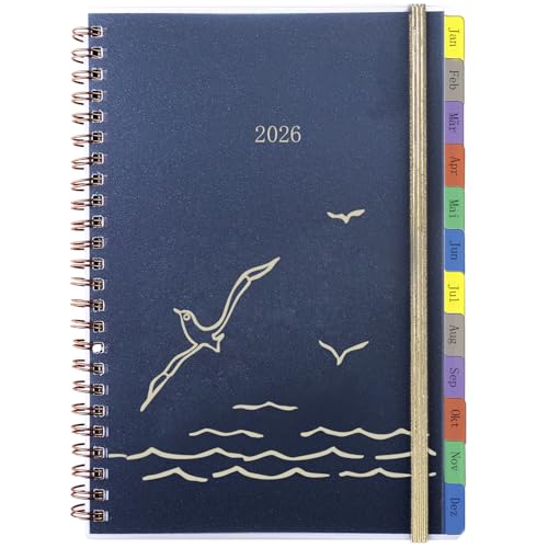 Kalender 2026 A5 Deutsch, Terminplaner/Wochenplaner Ringbuch mit Tabs, Passwort, Kontakt, Notizen, Innentasche, Spiralbindung Buchkalender 1 Woche 2 Seiten, Planer von Jan.26 bis Dez.26