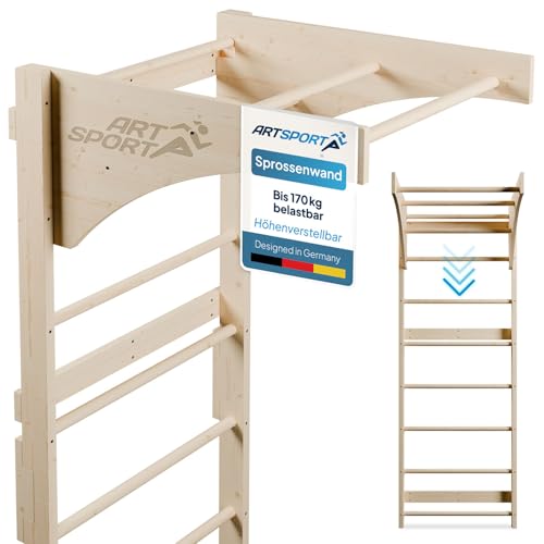 ArtSport Sprossenwand für Erwachsene – Indoor Klettergerüst aus Holz mit Klimmzugstange, stabile Kletterwand zur Wandbefestigung für Fitness & Training – Natur