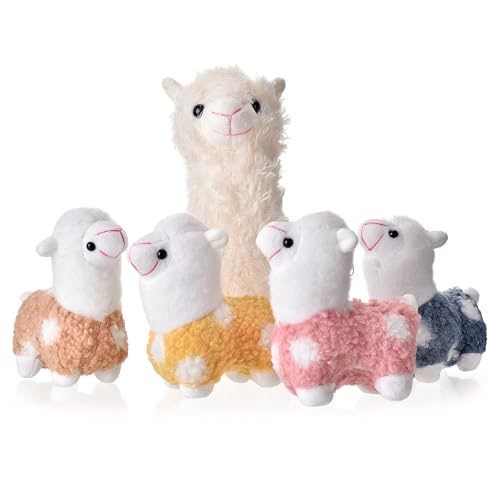 Morwealth 28cm Alpaka Kuscheltier mit 4 Baby Lamas, Nettes Alpaka Plüschtier Weiche Stofftier Plüsch Spielzeug Geschenk für Kinder (weiß)