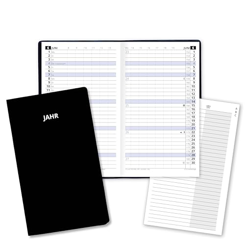 Taschenkalender für das Jahr 2026 Classica Kalender klein mit Monatsübersicht Sonn- und Feiertagen in Blau mit Adressheft PVC Einband in Schwarz