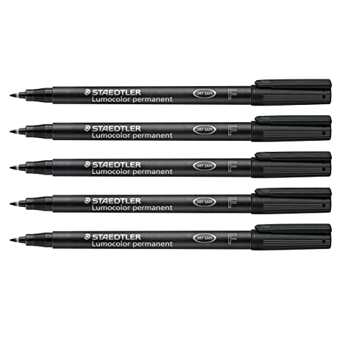 STAEDTLER Folienstift Lumocolor permanent, wisch- und wasserfest auf fast allen Flächen, Linienbreite F 0,6 mm, nachfüllbar, lange Lebensdauer, 5 schwarze Universalstifte, 318-9X