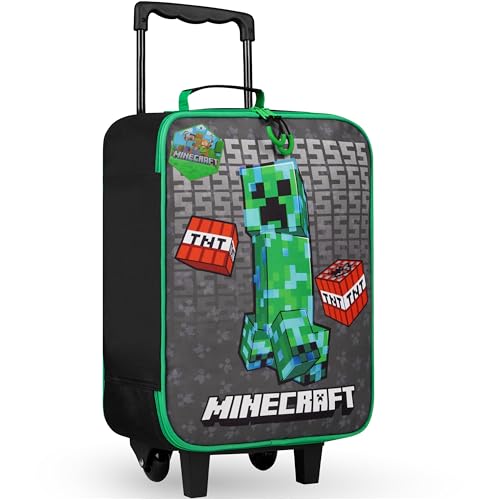 Minecraft Koffer Kinder Faltbarer Trolley Tasche mit Rollen Creeper Kinderkoffer Reisekoffer Kinder für Urlaub Wochenendtrips, 46x30x18cm, 15L (L46cm x W30cm - 15L, Schwarz)