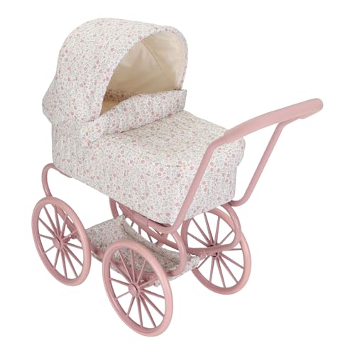 Little Dutch Puppenwagen aus Metall mit großen Rädern, Sonnenverdeck und Aufbewahrungskorb für Puppen Babypuppen bis 46 cm - Soft Flowers Weiß/Rosa