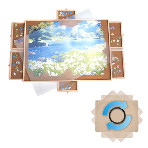 Drehbares Puzzle Board mit Schubladen & Abdeckplatte – Puzzletisch für 2000 Teile, 360° rotierbar, Rutschfester Filz, Sortierfächer, stabiles Holzbrett zum Puzzeln