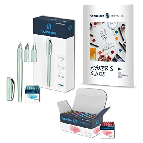 Schneider 399457 Callissima Kalligraphie-Set Mint (Füller mit 3 Federbreiten, 66 Pastell Patronen, Handlettering Guidebook), 70-teiliges Set
