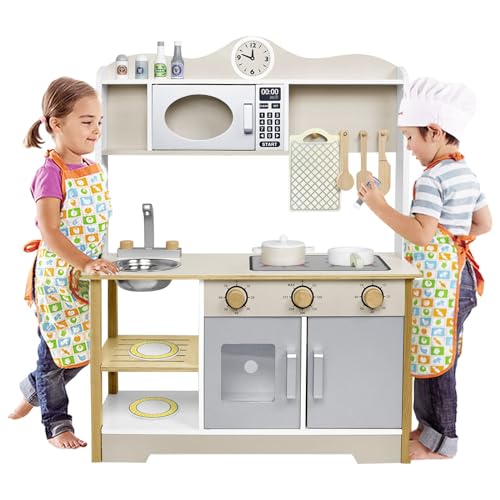LARS360 Kinderküche Holz mit umfangreichem Zubehör - Enthält Mikrowelle, Backofen, Spüle, Kochutensilien und Gewürze. Sicher, ungiftig und leicht zu bedienen (68x26x78cm), LARS-(ELC1061)-1
